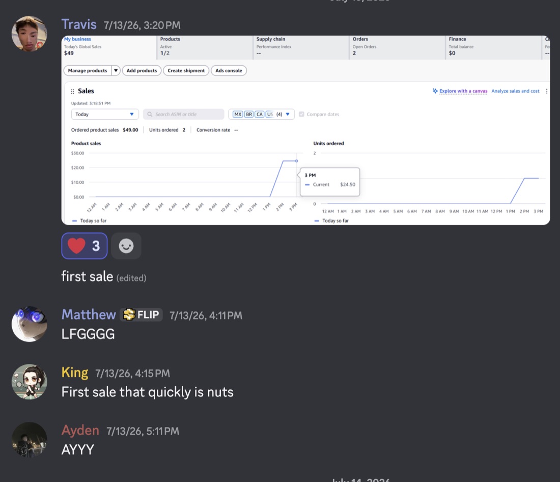Discord proof showing first sale and seller dashboard