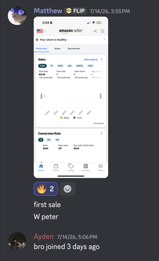 Student first sale Discord proof with Amazon Seller dashboard